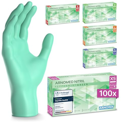 100x ARNOMED® Gants en nitrile taille XS Vert, Gants à usage unique pour chirurgie & laboratoire, Gants en nitrile sans poudre et sans latex, Moufles en nitrile en XS, S, M, L, XL, XXL