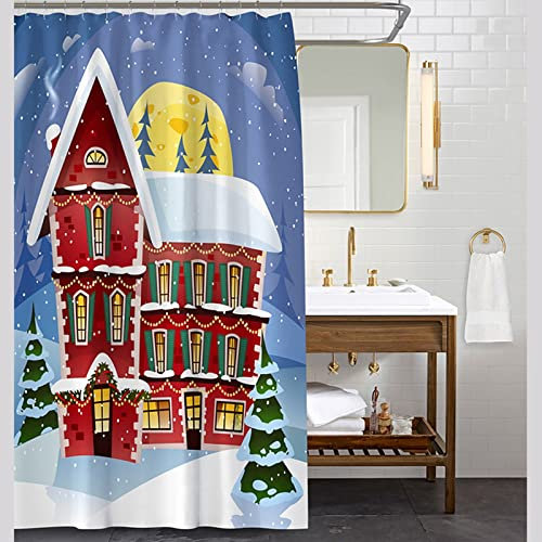 Hoisy Duschvorhänge Anti Schimmel, Anti Schimmel Duschvorhang Weihnachtshaus Blau Rot Größe 150X200CM