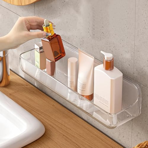 Diesisa Acrylic Wall Mounted Shower Caddy, Clear, Large Size 4D x 12.8 W x 3.3 H, Acrylic Shelf, No Drilling Walls Adhesive Shelf, Bathroom Shelves with Self Adhesive Tape for Bathroom, Kitchen