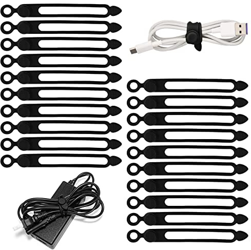20Pcs Silicone Cord Organizer Straps Ties, Fastening Cable Ties Reusable Silicone Cord Wire Organizer 4 * 0.4in for Earphone, Phone Charger, Mouse, Audio, Computer (Black)