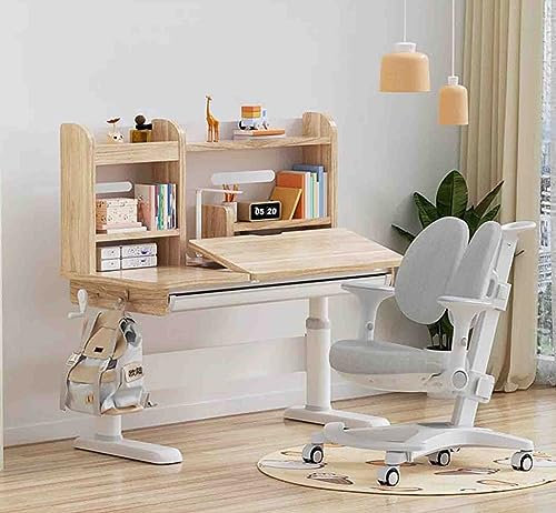 PRUJOY Höhenverstellbarer Arbeitsschreibtisch, Zeichentisch mit anschließbarer Aufbewahrungsschublade, multifunktionaler Schreibtisch, Verstellbarer mobiler Stuhl mit Rollen (Wood)