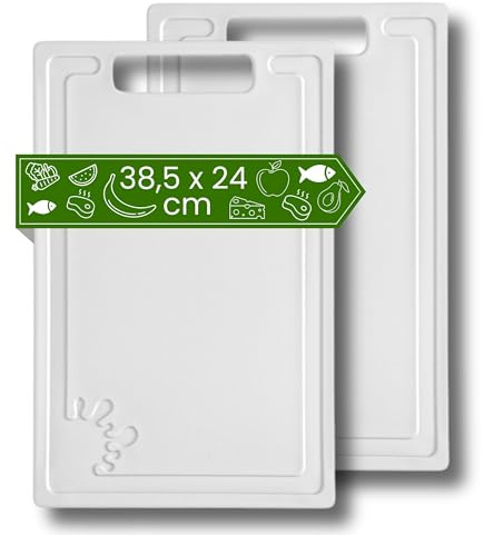 Schneidebrett Kunststoff (2er Set - 38,5 x 24 cm Groß - Weiß) | Spülmaschinenfest - Schneidebretter Rutschfest - Küchenbrett mit Anti-Rutsch - Schneidbrett mit Saftrille