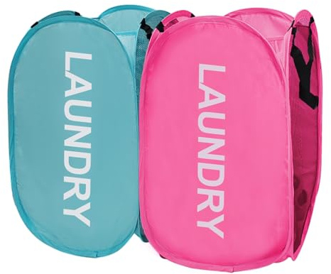 Aplter Collapsible Laundry Hamper 2 pack Mesh Pop Up Laundry Hamper with Handles, Foldable Laundry Basket for Bedroom, College Dorm, RV, Travel (Pink + Sky Blue)