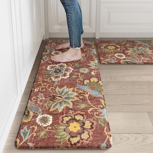 LEEVAN Anti-Ermüdungsmatten für Küchenböden, gepolsterte Memory-Schaum, Küchenmatten für Boden, Komfort, Blumenmuster, Boho, rutschfeste Küchenbodenmatte für Waschbecken, Wäsche, Büro (43,2 x 73,2 cm