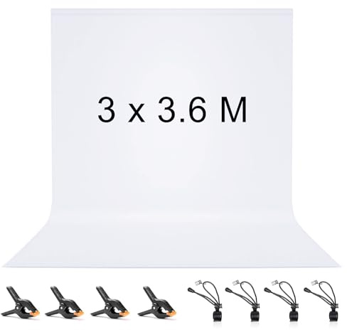 Vevelux 3x3.6M Toile de Fond Blanc Photo avec 8 Clips Anti-Plis | 100% Polyester Pliable Lavable Durable Écran Blanc pour Photographie, Vidéo, Camera, Photo, Prise de Vue Vidéo