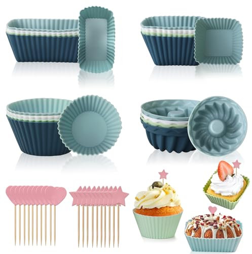 Silikon Muffinförmchen Set, 16 Stück Wiederverwendbare Silikon Muffinform Backformen, Cupcake Silikon Backförmchen, Antihaft Beschichtete Muffin Silikonform mit 20 Cupcake Toppers für Pudding