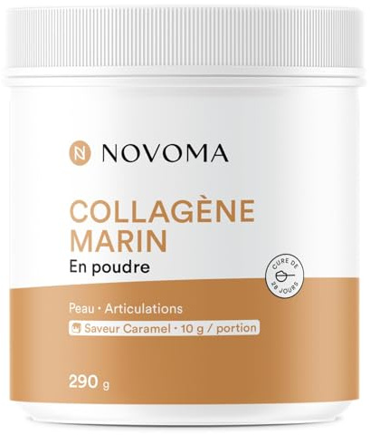 Collagene Marin Poudre Type 1 et 3 - Goût Caramel, Pot 290 g - 1 Mois | Avec Vitamine C - Peptides de Collagène Hydrolysé Naticol® - 10 g par Jour - Fabriqué en France - NOVOMA