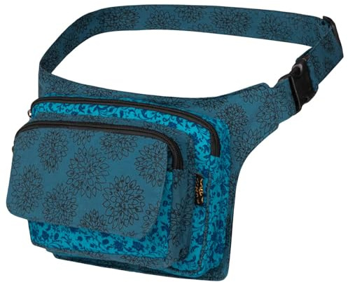 KUNST UND MAGIE Bunte Boho Goa Bauchtasche Gürteltasche Hüfttasche Sidebag, Farbe:Petrol/Blau