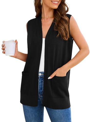 Veryoung Women's 2026 Sleeveless Cardigan Sweaters Fashion Casual Soft Knit Business Sweater Vest with Cozy Pockets, Black, X-Large