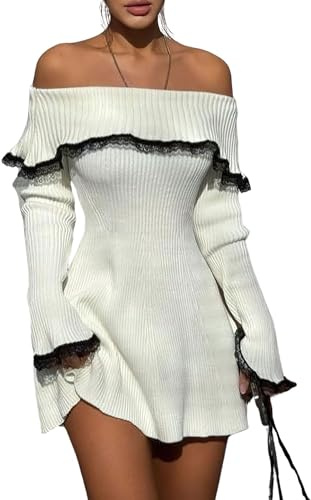 chouyatou Women's Off The Shoulder Bell Long Sleeve Sweater Mini Dress Lace Trim Bodycon Ribbed Knit Sweater Dress (Small, Beige White)