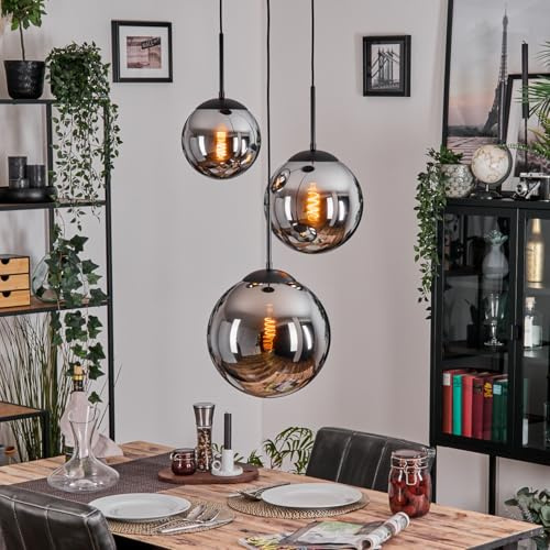HOFSTEIN Hängeleuchte Gastor, 3-flammige Hängelampe aus Metall/Glas in Schwarz/Chrom/Rauch, moderne Pendelleuchte im Retro/Vintage-Design, Ø Schirme 20; 25; 30 cm, E27, Esszimmer, Küche, Wohnzimmer