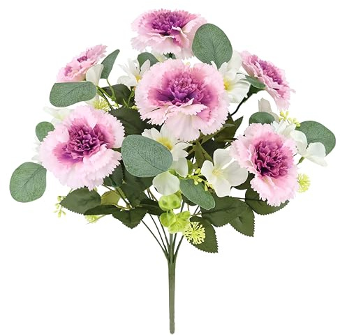 Künstlicher Nelkenstrauß 42 cm Rosa Weiß mit Eukalyptus Kunstblumen | Dekorativer Kunstblumenstrauß mit rosa Nelken, weißen Blüten und Eukalyptus – langlebige Blumendeko ohne Pflege