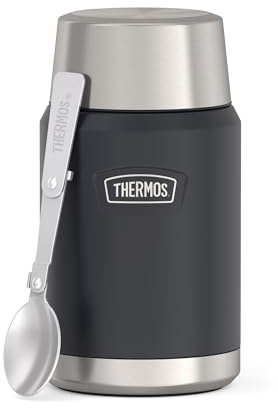 Thermos ICON Food Jar 0,71 l, mörkgrå/grafisk matta, matbehållare för mat 710 ml, dubbelväggigt 18/8 rostfritt stål, håller dig varm och kall, med vikbar sked, halkfritt golv, absolut tät