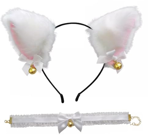 Melldrry 2 Stück Katzenohren Haarreif, Fuchsohren Stirnband Haarnadel, Anime Katze Cosplay, Niedlich Haarschmuck,Plüsch Haarreifen für Kinder Und Damen, Cat ears für Halloween Cosplay Weiß