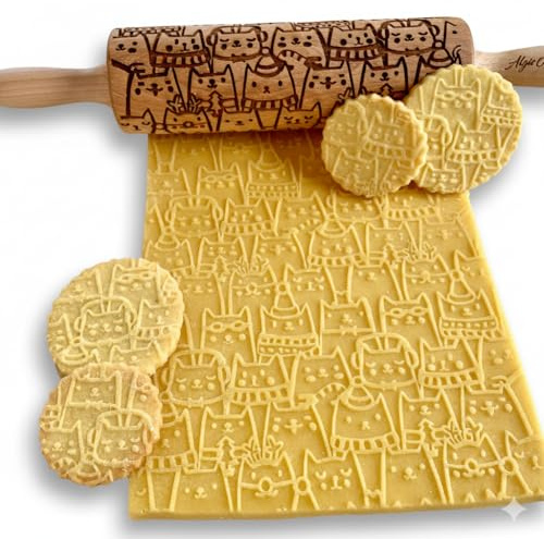 Nudelholz mit Muster Weihnachten Backen- Teigroller Holz für DIY Weihnachten Plätzchen- Graviert Plätzchenrolle mit Katzen Motiv- 3D Plätzchen Roller WEIHNACHTSKATZEN von Algis Crafts