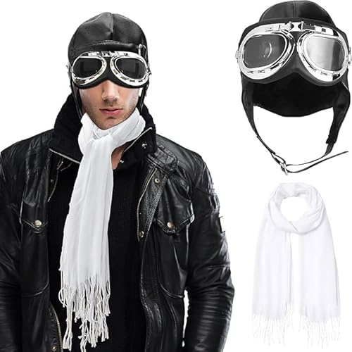 Costume da aviatore, cappello da aviatore con occhiali e sciarpa bianca, set di accessori da pilota per cosplay di Halloween, feste a tema aeronautico