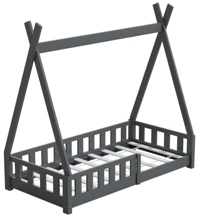 HAGO24 | Kinderbett | 140x70cm Grau | Tipi Bettgestell | Holzhaus | Zeltoptik | Rausfallschutz | Lattenrost | Kiefernholz | Montessori | Spielbett | Natur | dekorierbar