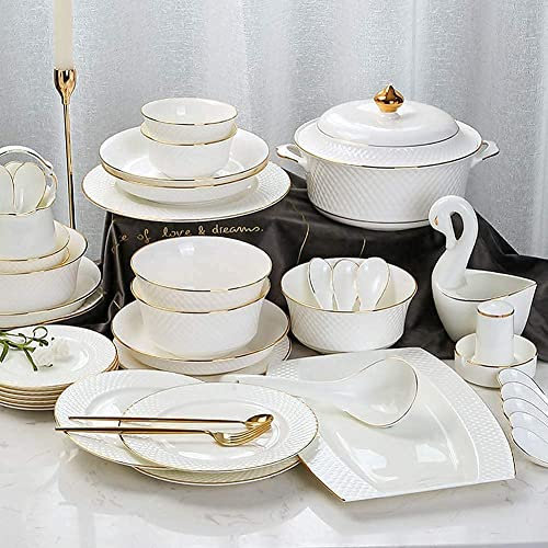 QUSYZD Juego de vajilla de cerámica, Cuencos, Platos, Olla para Sopa y Cuchara, vajilla China, Juego Combinado de Porcelana con patrón de Borde Dorado en Relieve Blanco, Servicio para 6