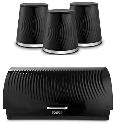 Tower Sonar Black Bread Bin and Tea, Coffee, Sugar Canisters. Stylish Matching Kitchen Storage Set in Black