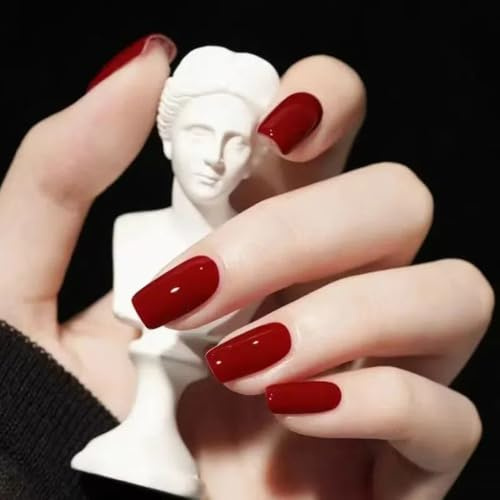 Ztcily Uñas postizas rojas largas cuadradas manicura francesa | Uñas postizas con pegamento para mujer y niña, idea de regalo de Navidad, Año Nuevo, San Valentín, boda