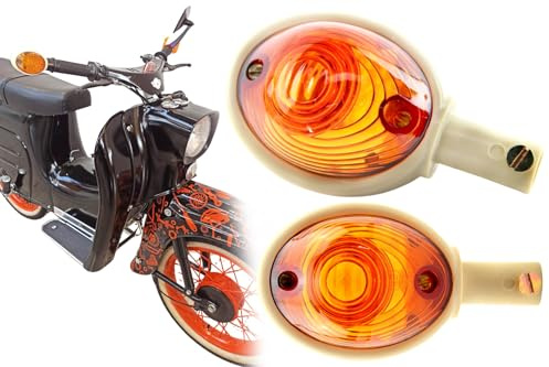 BISOMO 2x Blinkleuchte Ochsenauge, Blinker mit E-Zeichen für Simson KR51, SR4-2, SR4-3, SR4-4, MZ ES, IWL TR150 Troll, Gehäuse Elfenbein, alte Bauform