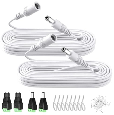 2PCS 10ft 3M DC Power Extension Cable, DC 12V 5.5mm x 2.1mm Extension Cord with Power Jack Adapter Connectors(2 x Male+2 x Female)/Wire Clips/Cable Ties for Security Camera/Router/LED Strip/Printer