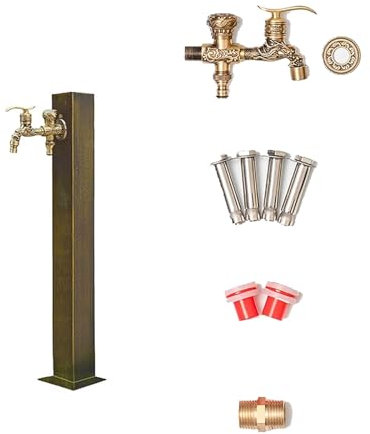 Fontaine Exterieur, Colonne d'eau de Jardin Carrée Verticale Rétro, Robinet Antigel Extérieur, 2 Robinets, pour Arrosage, Lavage de Voiture et Jardin(20in/50cm)