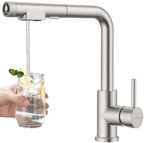 APPASO 3 wege wasserhahn küche, küchenarmatur mit ausziehbarer Brause und integriertem Wasserfilter, 3 in 1 Wasserhahn mit 2 Strahlarten 360° Drehbar, 3 Way Faucet Edelstahl Gebürstet