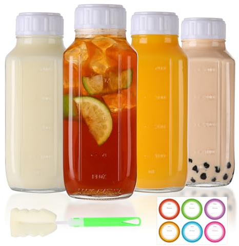 EkkoVla 4 Pack 500ml Glass Bottles with Airtight Lids | Reusable Juice Bottles with Scale – for Milk, Smoothies, Beverages, Lunchboxes & Infused Water