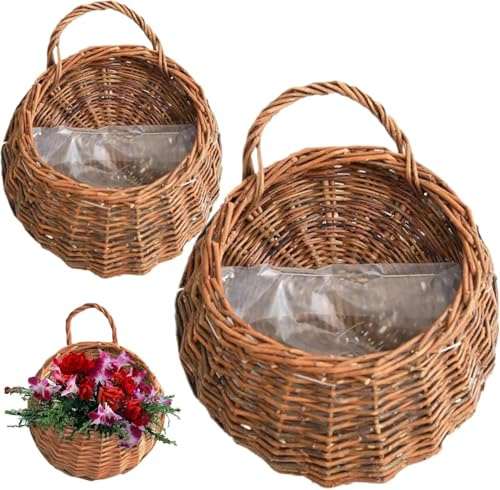 2 Stück Blumenampel Blumentopf Hängend aus Weide Hängetopf Wandkorb mit Griff Rattan Geflochten Hängende Pflanzkorb Hängeampel Wandblumentopf Hängeblumentöpfe Blumenkorb für Innen Außen (Braun, 30cm)