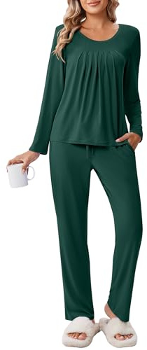 Ekouaer Pyjamas för kvinnor mjuka nattkläder set långärmad bekväm pyjamasöverdel lös passform pyjamasbyxor myskläder, S-XXL, gRÖN, XXL