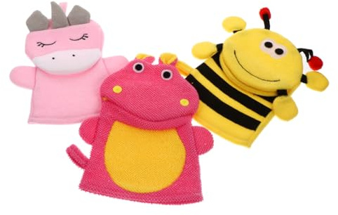 TOYZFRIENDY Lot de 3 Moufles Exfoliants en Coton Composite à Forme Cartoon pour Garçon et Filles, Nettoyage et Mousse Riche, Bain des Tout-petits Style Aléatoire