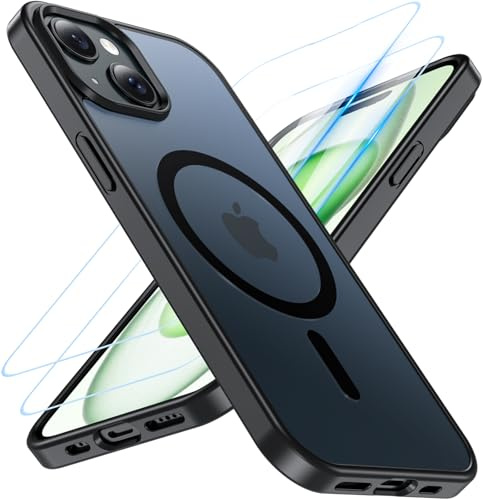 OWKEY für iPhone 15 Hülle 6,1 Zoll Kompatibel mit MagSafe, [mit 2 Schutzglas] Magnetisch Handyhülle iPhone 15 Case, Militärqualität Stoßfeste Translucent Matte Dünn Schutzhülle, Schwarz