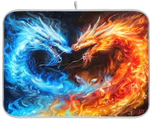 Kcldeci Red Blue Fire Dragon Dish Drying Mat Kitchen Counter Mat Draining Mat Kitchen Accessories Dish Rack Pad for Dishes, Utensils, Countertops, Sinks 18x24in