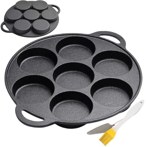 Poêle en fonte - 30,5 cm - Grande à sept trous - Poêle à crêpes - Revêtement antiadhésif - Compatible avec les feux de camp, brosse à mastic, cuisine en plein air, barbecue de camping pour le