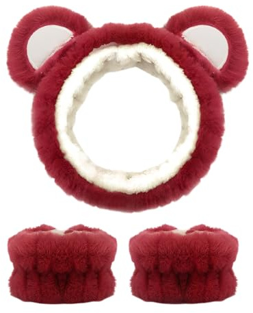 Hårband, kosmetika, björnöron, design, elastiskt make-up, pannband, armband, mjukt absorberande mikrofiberset för ansiktsvård, yoga, dusch, sport spa, perfekt som en gåva (mörkröd)
