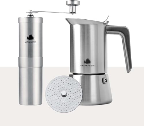 Groenenberg Spar Set 4 | Espressokocher Edelstahl 4 Tassen + Kaffeemühle manuell | Induktion Espressokanne (200ml) + Handkaffeemühle