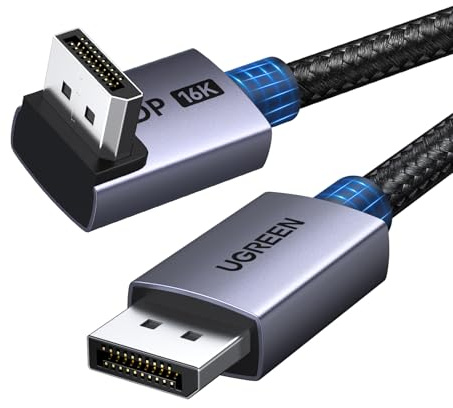 UGREEN Câble DisplayPort à 90° 16K 60Hz 8K 120Hz Câble DP 2.1 vers DP 3M | 80Gbps FreeSync G-Sync DSC 1.2a Nylon Tressé en Aluminium Compatible avec Moniteur Projecteur HDTV Carte Graphique Gaming