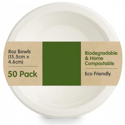 2you 50 x Bagasse Bowls - Disposable Paper Food Bowls - Party Plates Tableware - 8oz (230ml) for Kitchen, Cafe's, Resturants Salad, Starters, BBQ - Made from Sugarcane Fibres - 50 Pack