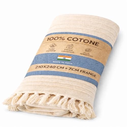 Telo Copritutto 100% Cotone Made in India 210x240 cm + Frange 7 cm – Copridivano Universale, Copriletto Matrimoniale, Coprimuro Boho, Telo Parete, Coperta Estiva Leggera, Telo Arredo Multiuso (PANNA)