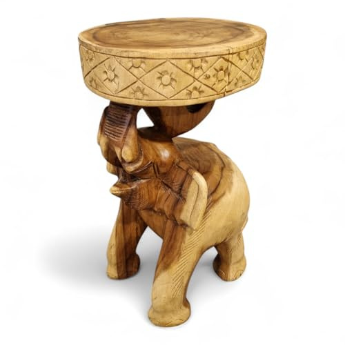 Kinaree Holz Beistelltisch Akazie Massivholz Chang - 51cm, Geschnitzter Blumenhocker in Form eines Elefanten aus Suar Holz