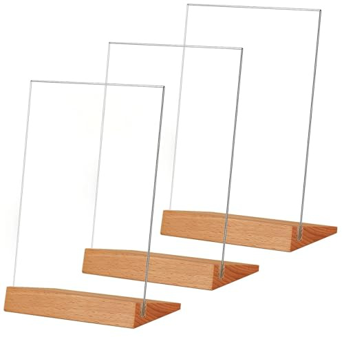TONICE® 3 Pack 8.5x11 Acrylic Sign Holder L Shape Slant Back Design Clear Acrylic Frame Wood Base, Table Menu Display Stand, Flyer Display (Optional 8.5x11/5x7 Inch L/T Shape)