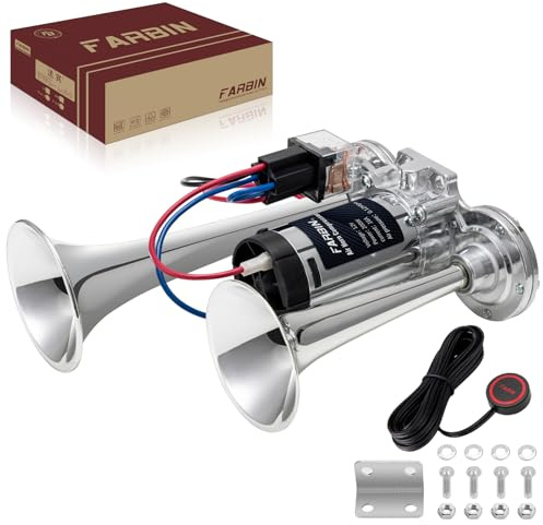 FARBIN Druckluft Hupe 12V Fanfare Lufthorn mit Kompressor für Auto Zug Pkw | Integrierter Luftkompressor mit Schalter, kompakte Bauweise, laute Hoch-/Tiefton-Kombination, passend für alle 12V-Fahrzeuge
