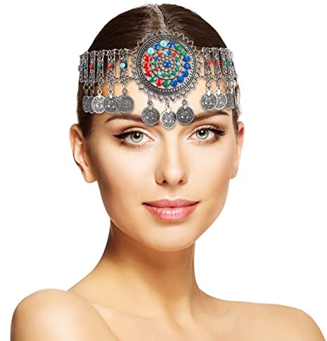 NICENEEDED Boho Kopfkette Schmuck Silber, Vintage Bauchtanz Münze Kopfschmuck, Blume Strass Retro Prom Kostüm Stirnkette Haarschmuck Für Frauen Mädchen Halloween