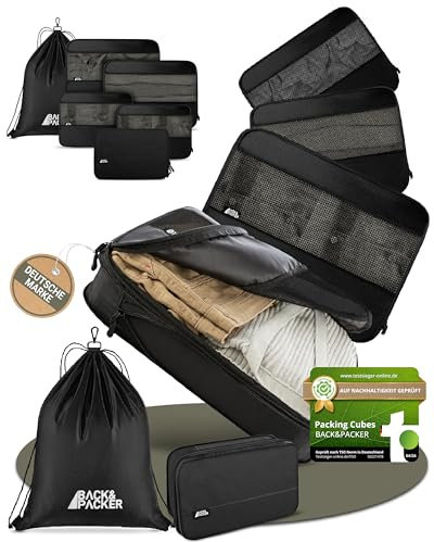 BACK&PACKER® Packing Cubes mit Kompression 6-teilig - Packtaschen Set aus recyceltem Material - Leichte Organizer für Rucksack & Koffer - inkl. Packwürfel für nasse Wäsche & Beutel (schwarz)