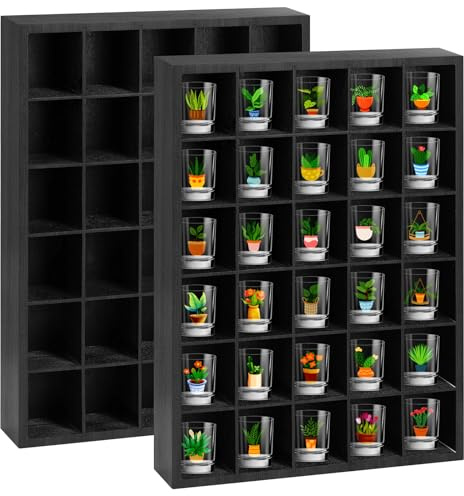 2 Pcs Shot Glass Display Case, Black Wooden Shot Glass Shelf with Removable Shelves, Wall Mounted Shadow Box Thimble Display Case, 30 Slots