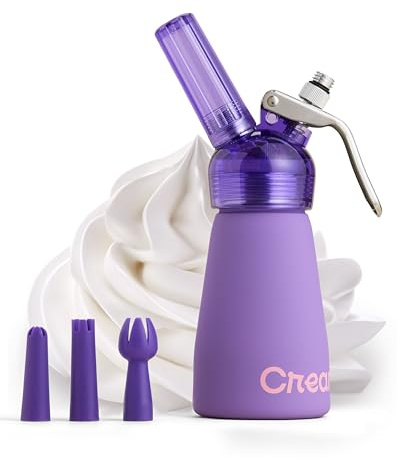 CreamRight Aluminum Whipped Cream Dispenser with Nozzles & Brush | Whipped Cream Maker with Transparent Head | Easy to Use & Clean Whipping Cream Dispenser for Homemade Desserts | Half Pint, Purple