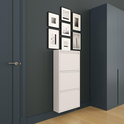 furni24 Schuhschrank Schmal – Platzsparender Metall-Schuhschrank mit Magnetklappen, Platz für 6-10 Paar Schuhe, Wandmontierbar und Vormontiert - 3 Klappen, Weiß