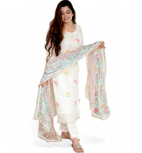 RangMahal - Set kurti indiano da donna, in cotone, con stampa a mano, pantaloni e pantaloni, Bianco sporco, M