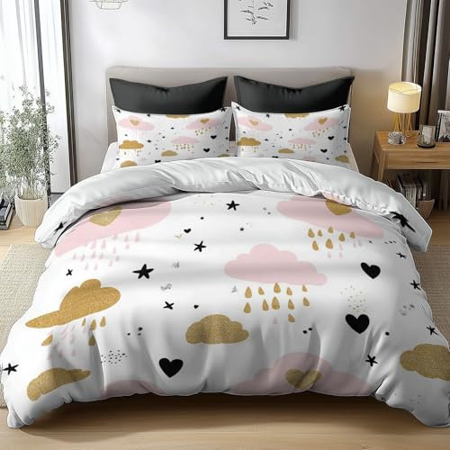 Generico Bedding Set Copripiumino Reversibile 220x230cm 3D Stampa Nuvole Stelle Cuori Dei Cartoni Animati Morbida Microfibra Ipoallergenico Biancheria da Letto Set 3 Pezzi con Chiusura a Cerniera